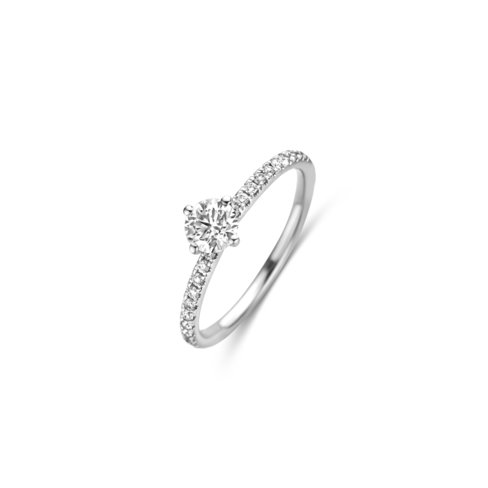 Briljant geslepen solitaire twist ring met zijdiamanten