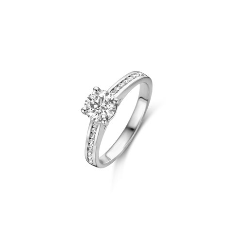 Briljant geslepen solitaire ring met zijdiamanten