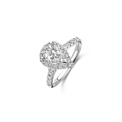 Peer geslepen solitaire halo ring met zijdiamanten