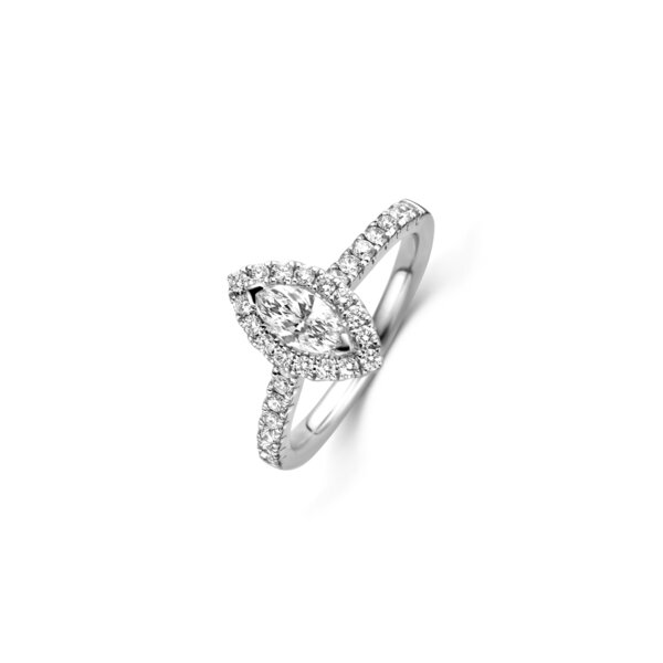 Marquise geslepen solitaire halo ring met zijdiamanten