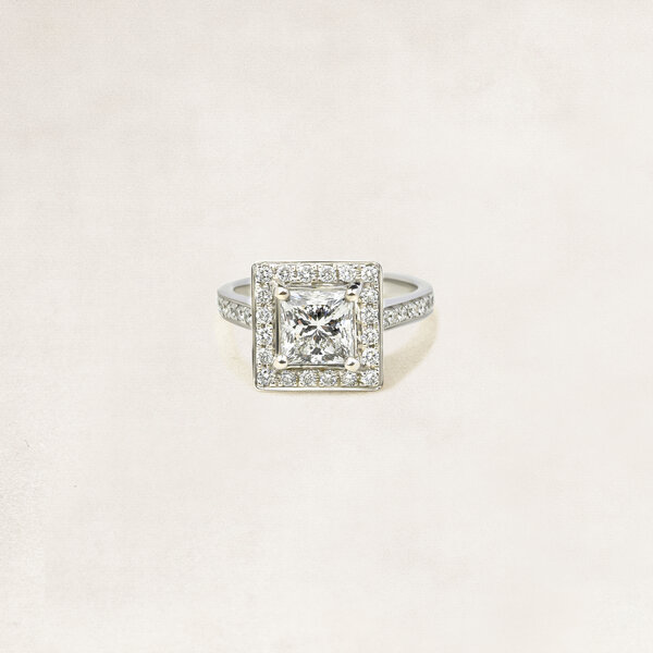 Princess cut halo ring with side diamonds - OR5349