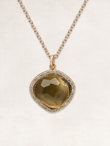 Gouden ketting met bruine Quartz steen omringd door diamantjes - OR71028
