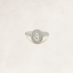 Oval cut double halo ring with side diamonds - OR61841
